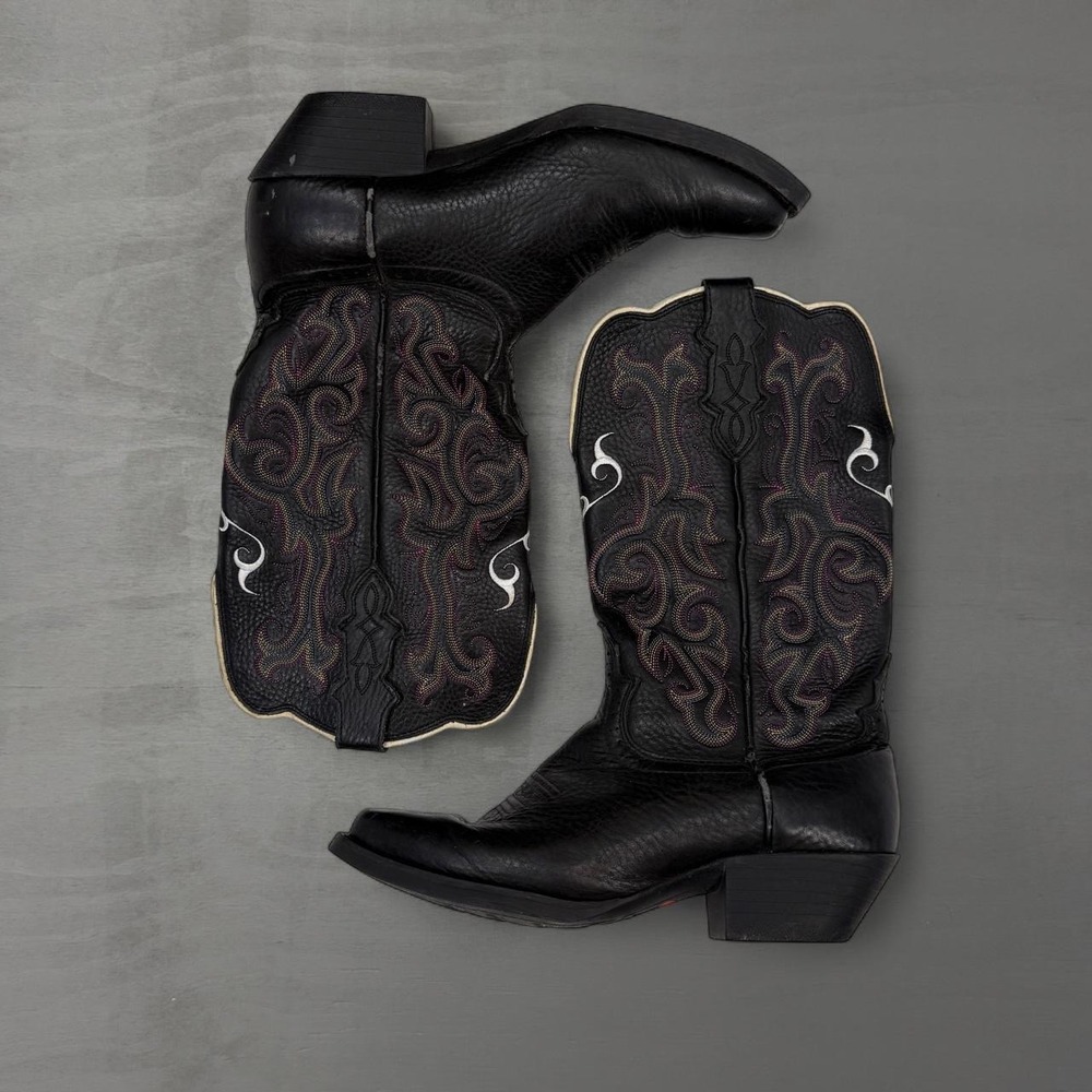 Justin Stampede Western Boots Black Leather Square Toe Embroidered 7.5B